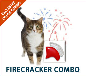 Is your cat vibrant and fun-loving? If so, our Firecracker Combo is for you! You'll both be feeling festive when your feline pal struts around in these sparkly silver and red nail caps.